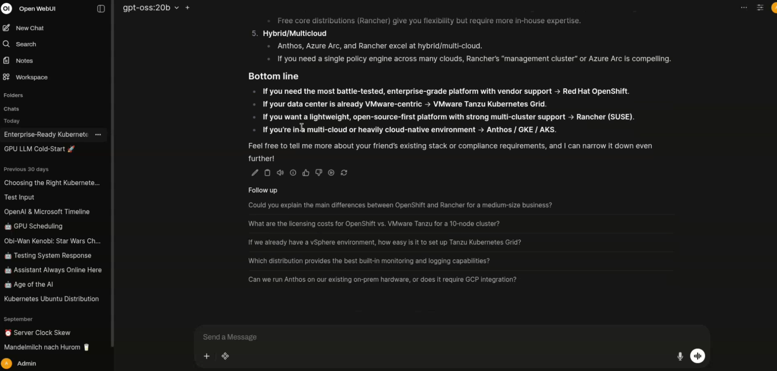 Open WebUI chat against the self-hosted gpt-oss:20b LLM running on the on-prem GPU cluster